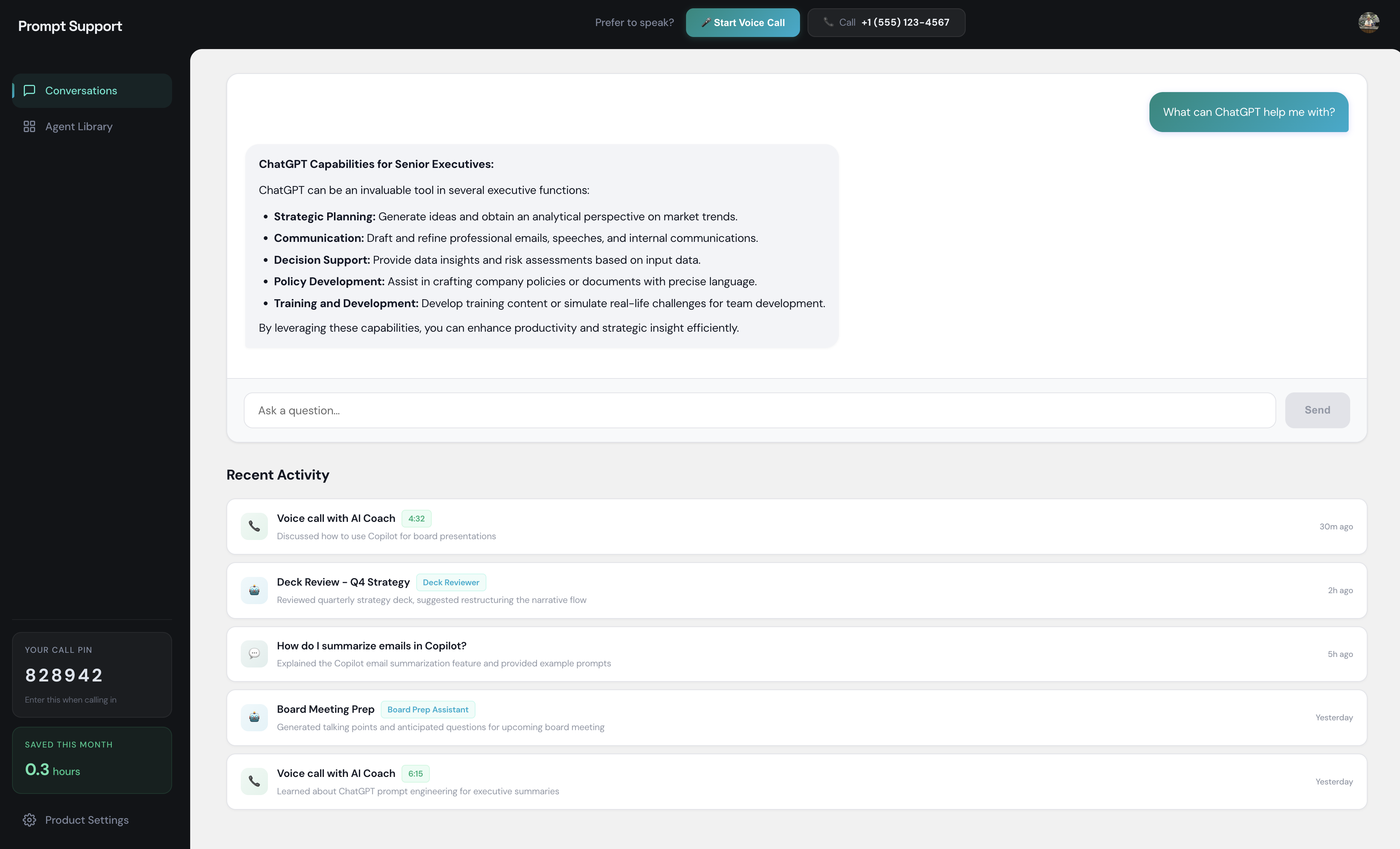 Prompt Support Dashboard showing voice-first AI coaching for executives
